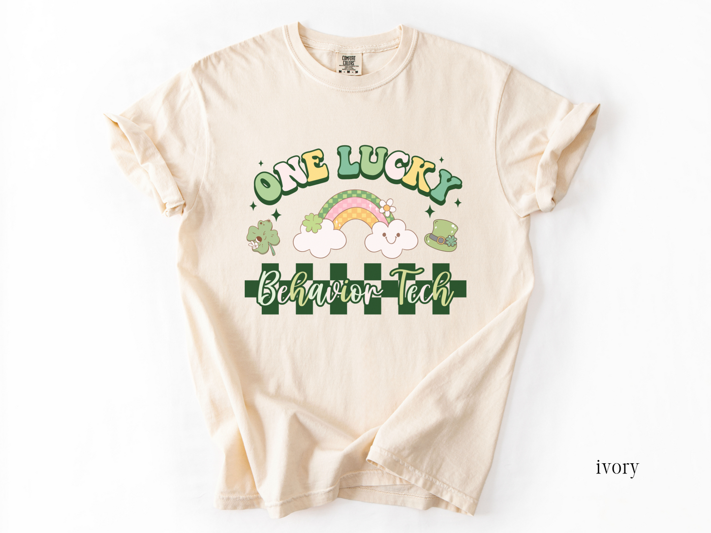 Checkered St. Patrick's Day RBT T-shirt, One Lucky Behavior Tech Apparel, Behavior Therapisy ABA Tee, Comfort Colors 1717