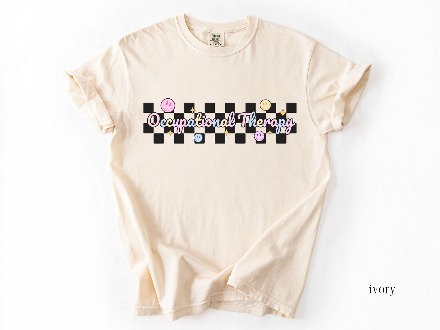 Retro Occupational Therapist Checkered T-shirt, Cute Ot Ota Tees, Colorful Occupational Therapy Apparel, Comfort Colors 1717