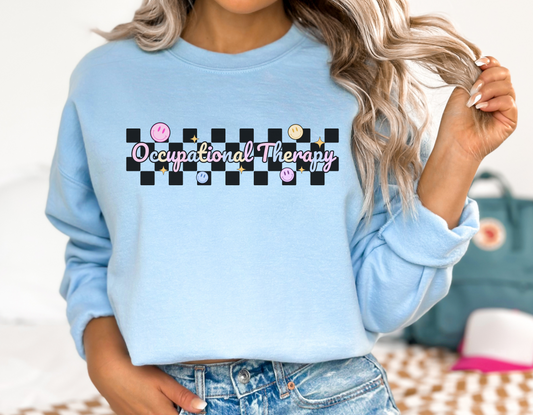 Retro Occupational Therapist Checkered Sweatshirt, Cute Ot Ota Tees, Colorful Occupational Therapy Apparel, Gilden 18000