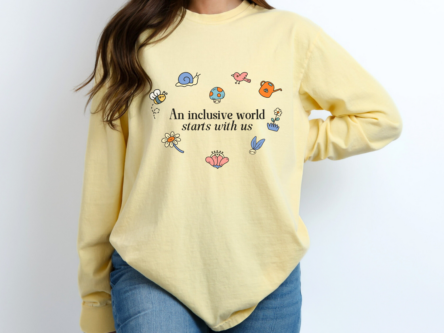 An Inclusive World Starts With Us, Inclusion and Acceptance Garden Heart Long Sleeve T-shirt, Advocacy and Inclusion Apparel, Special Education Tee, Comfort Colors 1717