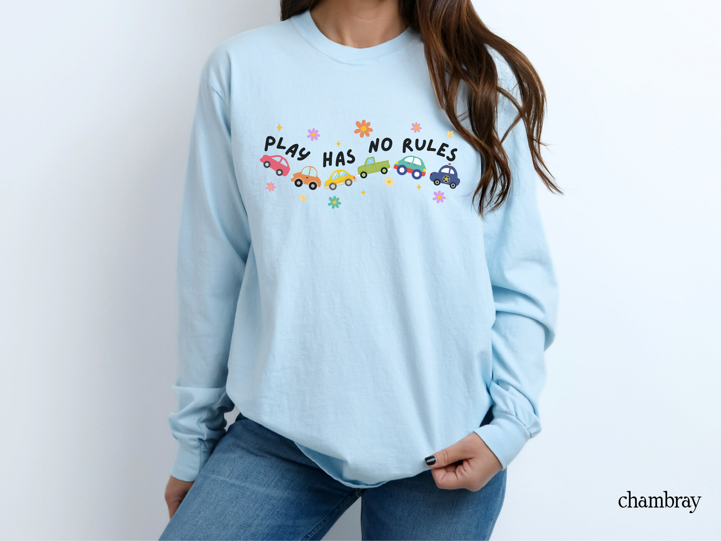 Play Has No Rules Long Sleeve T-Shirt, Cars Graphic Tee, Teacher & Therapist Apparel, Inclusive Play Shirt