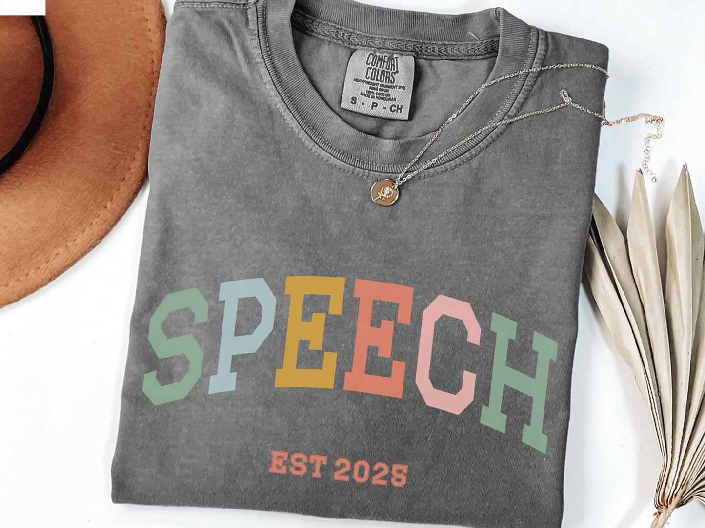 Speech Varsity Style T-shirt with Personalized EST Year for SLPs and SLPAs, Boho Color Theme, Unisex Tee, Gift for Speech Therapists, Custom