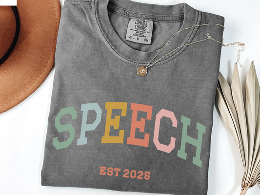 Speech Varsity Style T-shirt with Personalized EST Year for SLPs and SLPAs, Boho Color Theme, Unisex Tee, Gift for Speech Therapists, Custom
