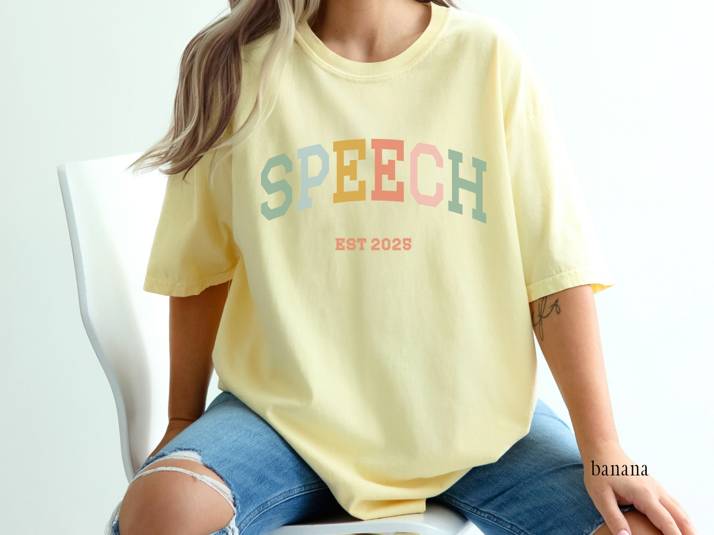 Speech Varsity Style T-shirt with Personalized EST Year for SLPs and SLPAs, Boho Color Theme, Unisex Tee, Gift for Speech Therapists, Custom