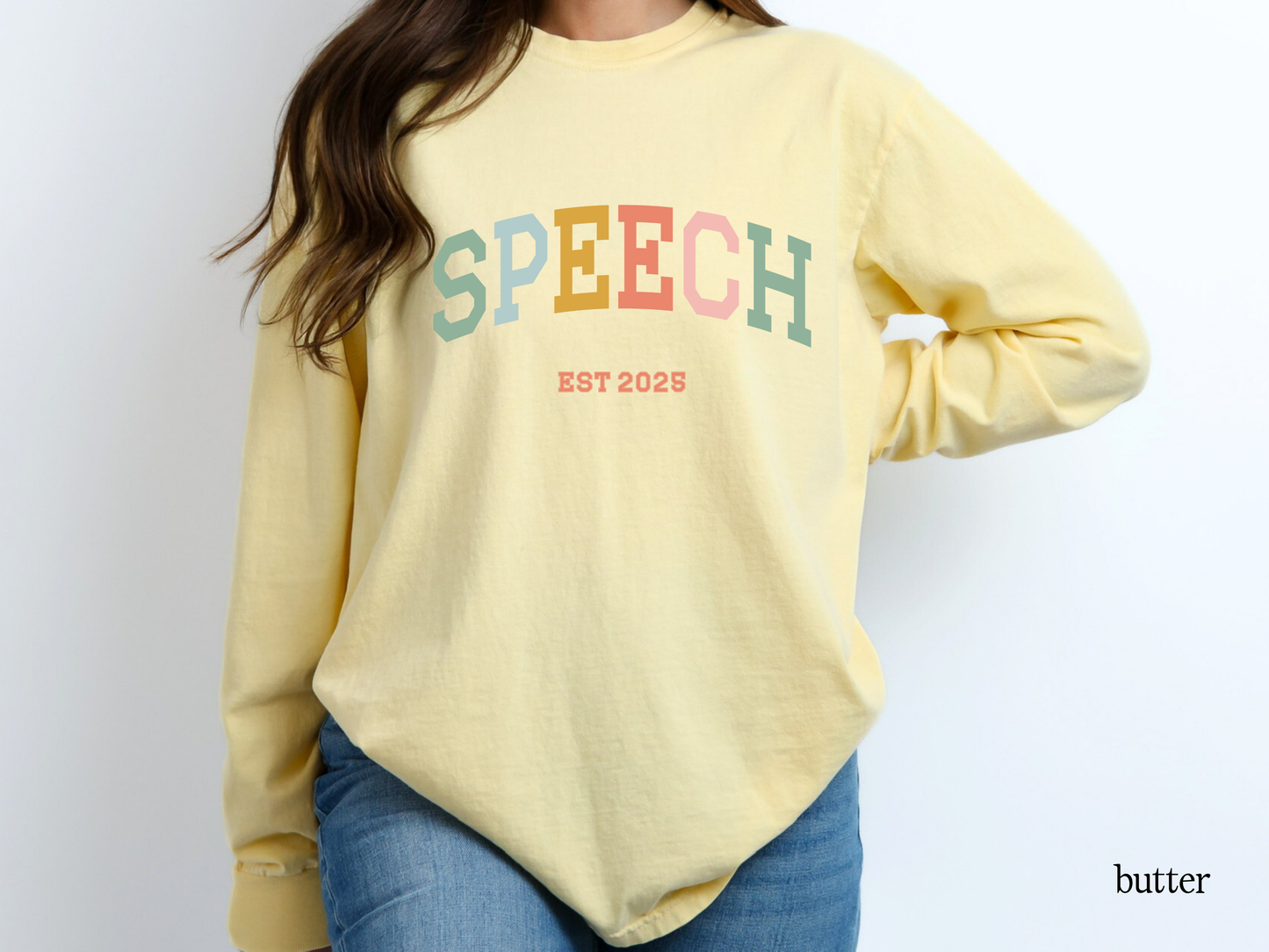 Speech Varsity Style Personalized EST Year Long Sleeve T-Shirt, Boho Color Theme, SPL SLPAs, Soft Comfortable Tee, Gift for Speech