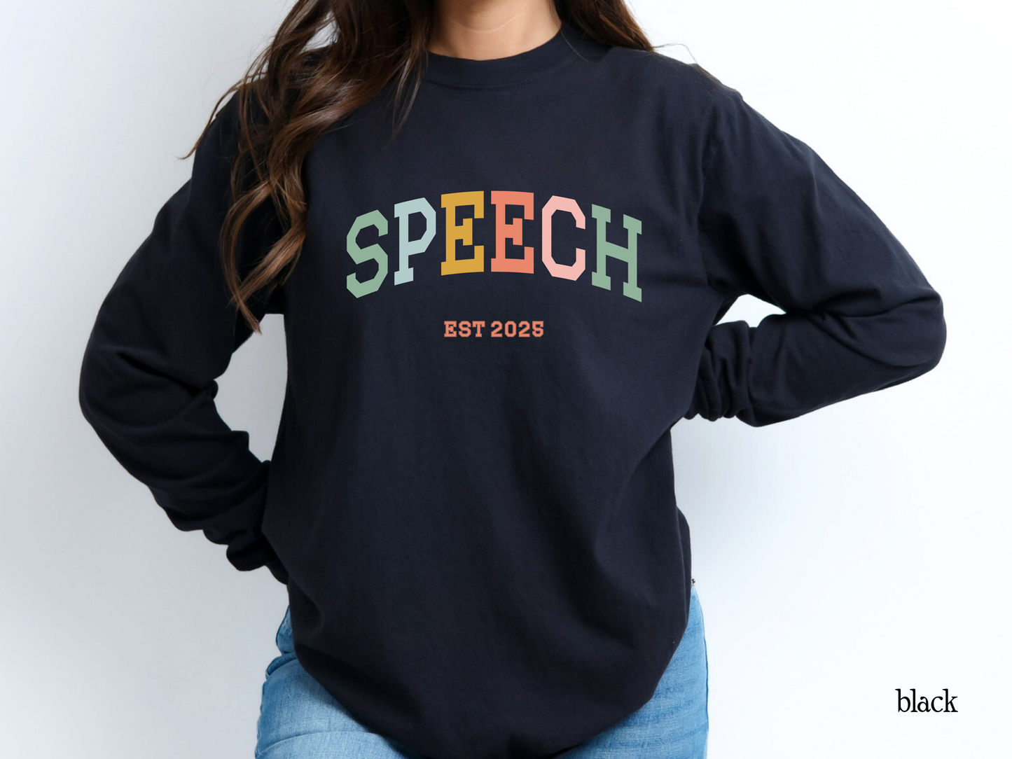 Speech Varsity Style Personalized EST Year Long Sleeve T-Shirt, Boho Color Theme, SPL SLPAs, Soft Comfortable Tee, Gift for Speech