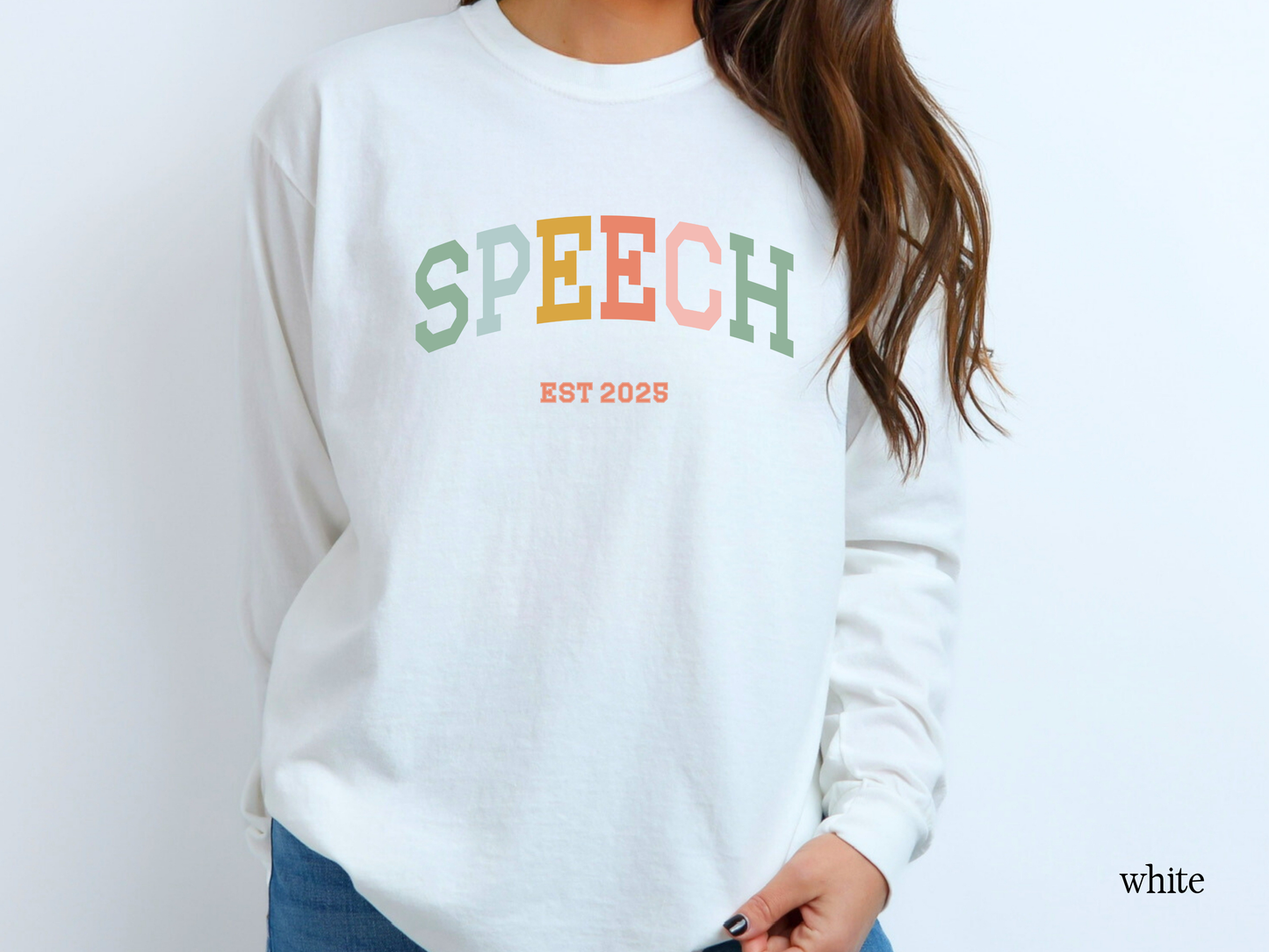 Speech Varsity Style Personalized EST Year Long Sleeve T-Shirt, Boho Color Theme, SPL SLPAs, Soft Comfortable Tee, Gift for Speech