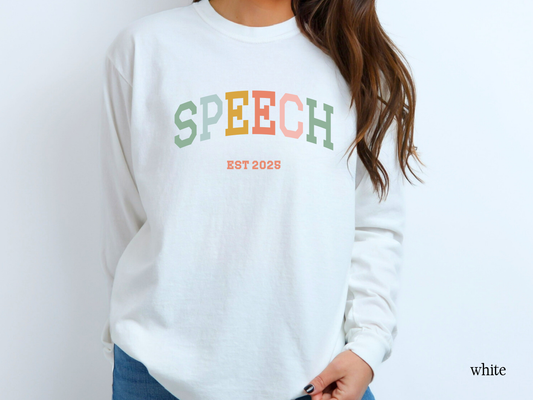 Speech Varsity Style Personalized EST Year Long Sleeve T-Shirt, Boho Color Theme, SPL SLPAs, Soft Comfortable Tee, Gift for Speech