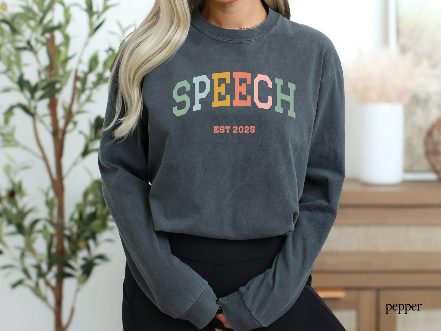 Speech Varsity Style Personalized EST Year Long Sleeve T-Shirt, Boho Color Theme, SPL SLPAs, Soft Comfortable Tee, Gift for Speech