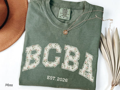 Personalized BCBA EST. Varsity Shirt with Roses, Behavior Analyst Gift