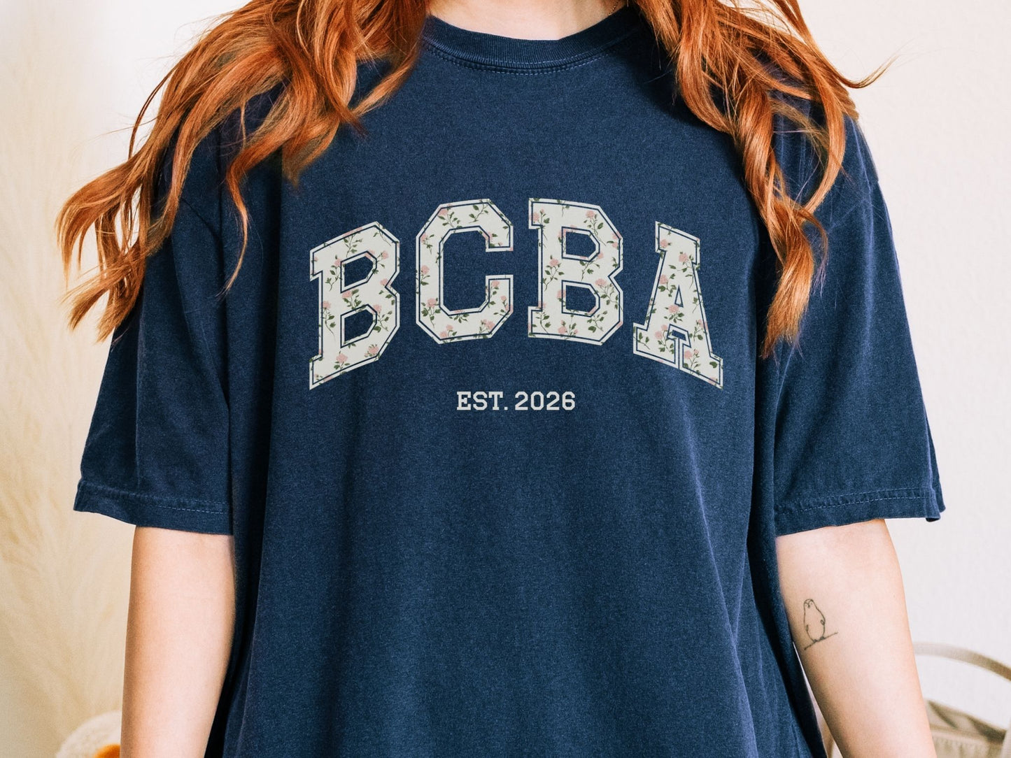 Personalized BCBA EST. Varsity Shirt with Roses, Behavior Analyst Gift