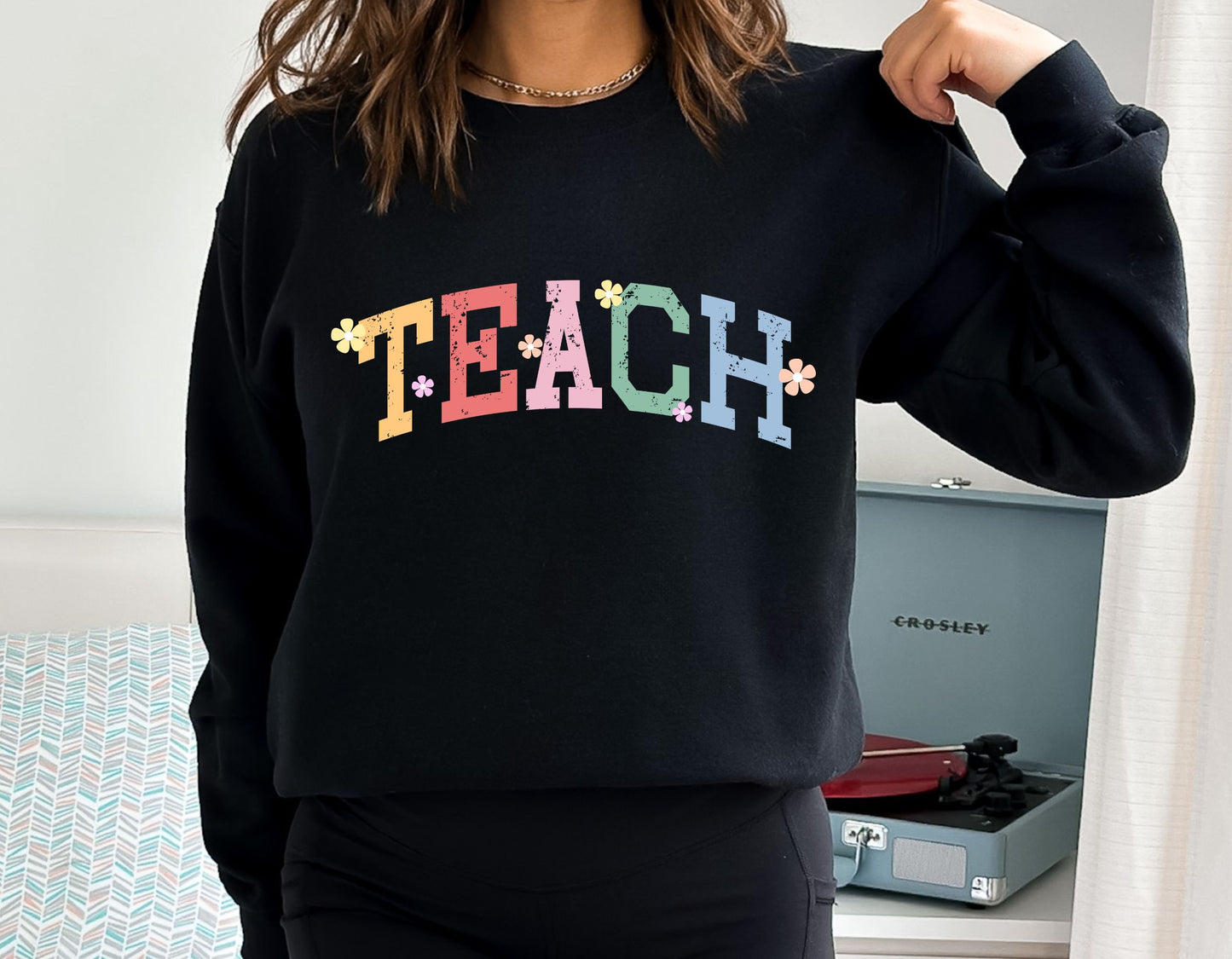 Spring Teacher Sweatshirt, Floral TEACH crewneck, Varsity Teacher sweatshirt, Gilden 18000 gift for teacher