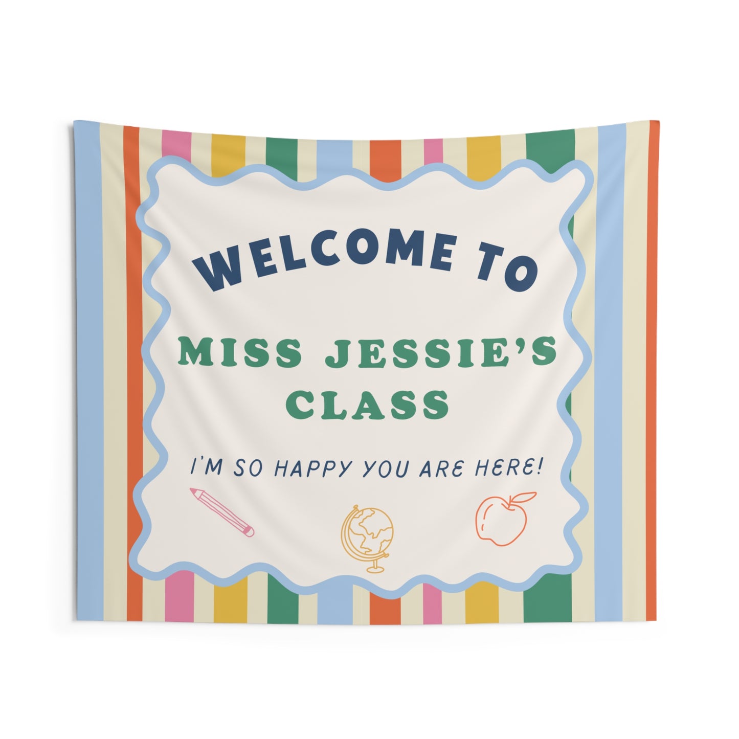 Personalized Teacher Tapestry, Custom Name Classroom Wall Hanging, Back to School Decor, Welcome Sign, Boho Rainbow Stripe Classroom Sign