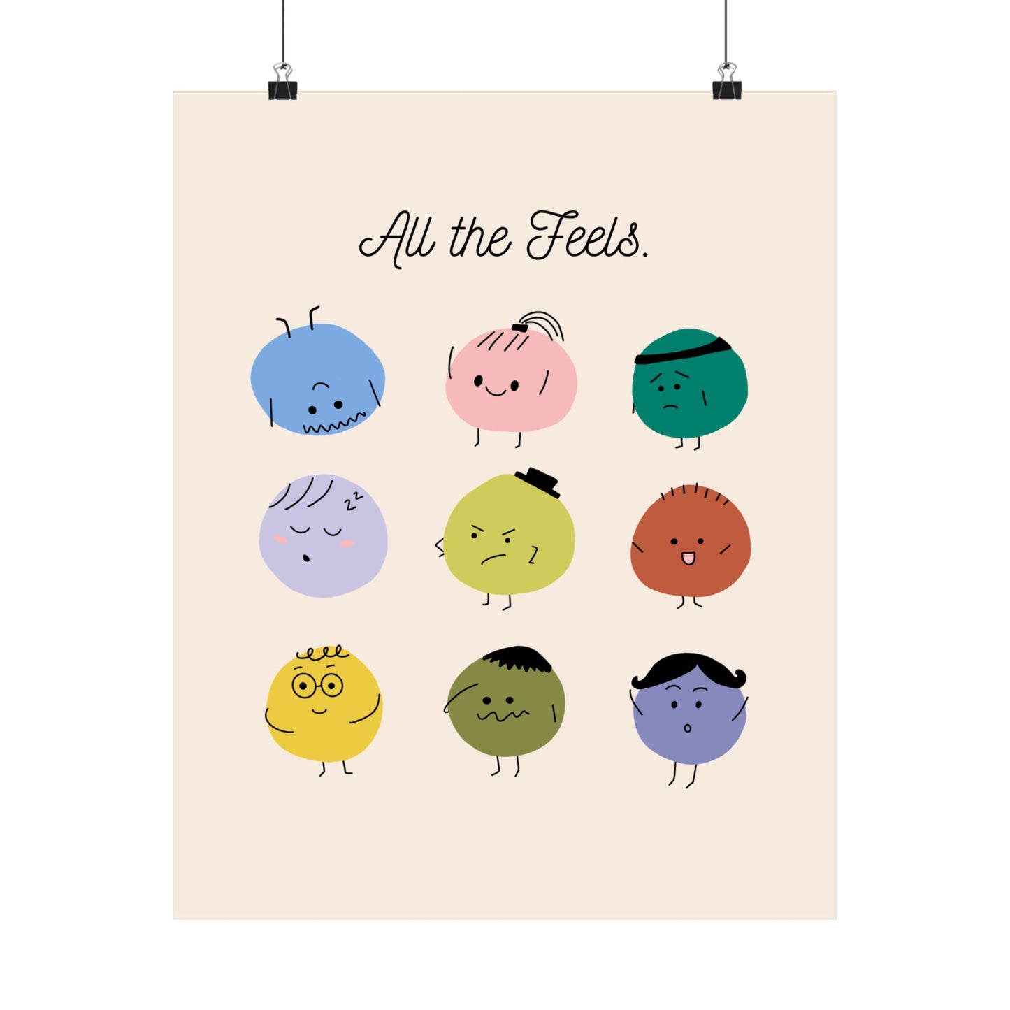 All The Feels Emotions Poster | Hand-drawn Classroom Feelings Chart | SEL Wall Art | School Counselor Decor | Therapist Office Matte Poster Print