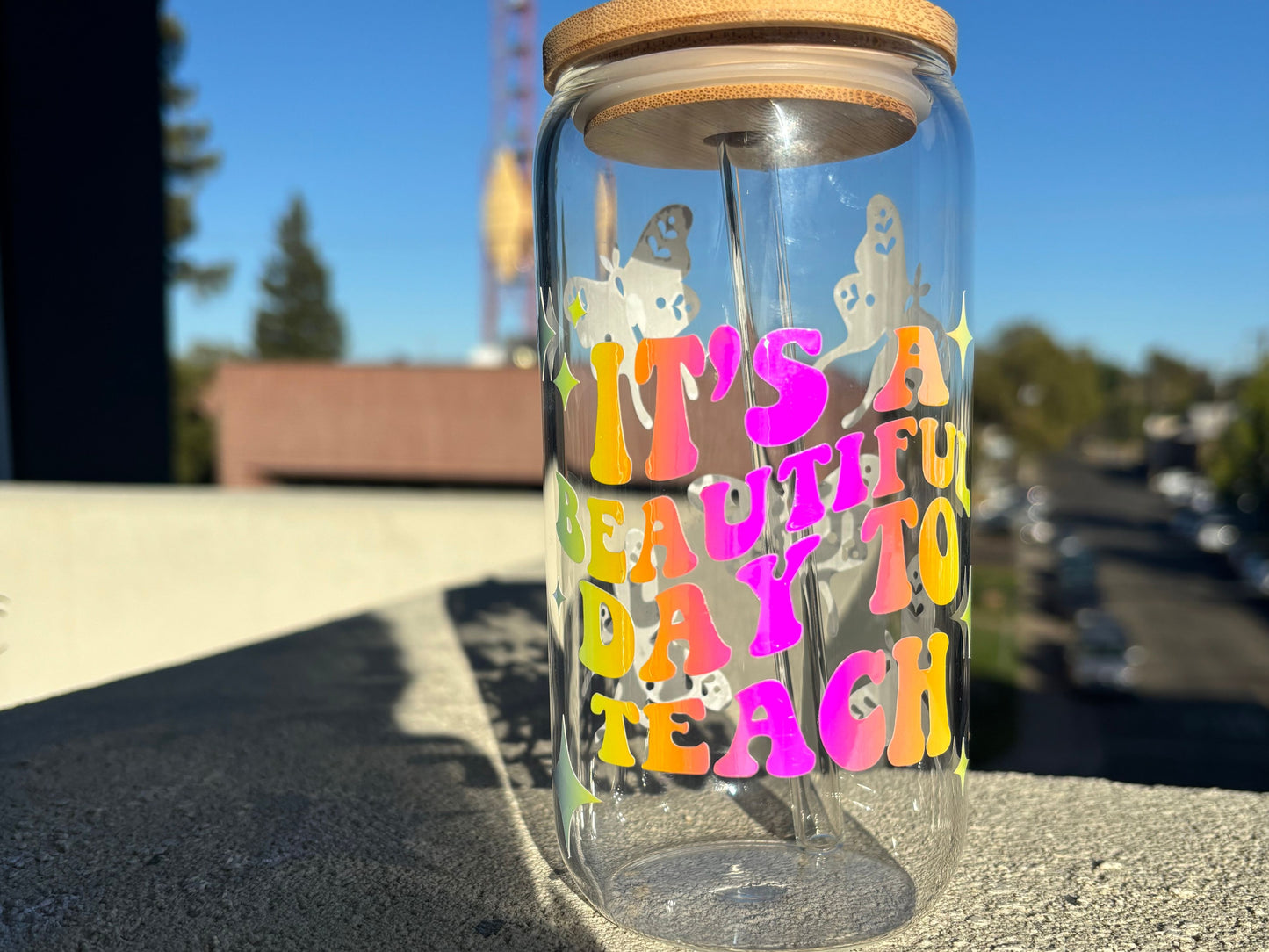 Teacher glass libby coffee cup, Teacher drinking glass, Its a beautiful day to teach, gift for teacher, gift for para