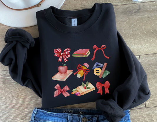 Christmas Bow Themed Teacher Sweatshirt, Coquette Teacher Crewneck, holiday apparel, gift for teacher