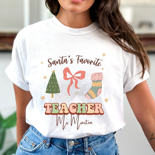 Personalized Teacher Holiday Shirt, Custom Christmas Retro teacher shirt, cute teacher apparel with name, holiday gift for teacher