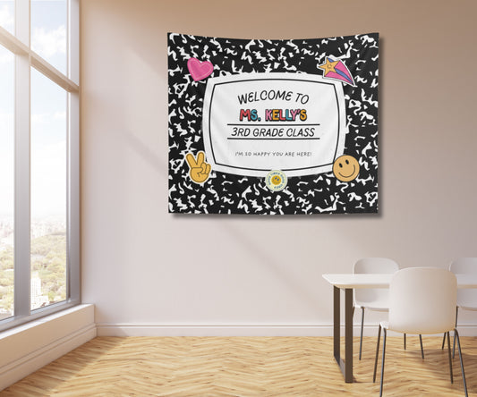 Personalized Classroom Tapestry, Retro Composition Book Teacher Name Sign, Welcome Banner Back to School Decor, Custom Grade Wall Art