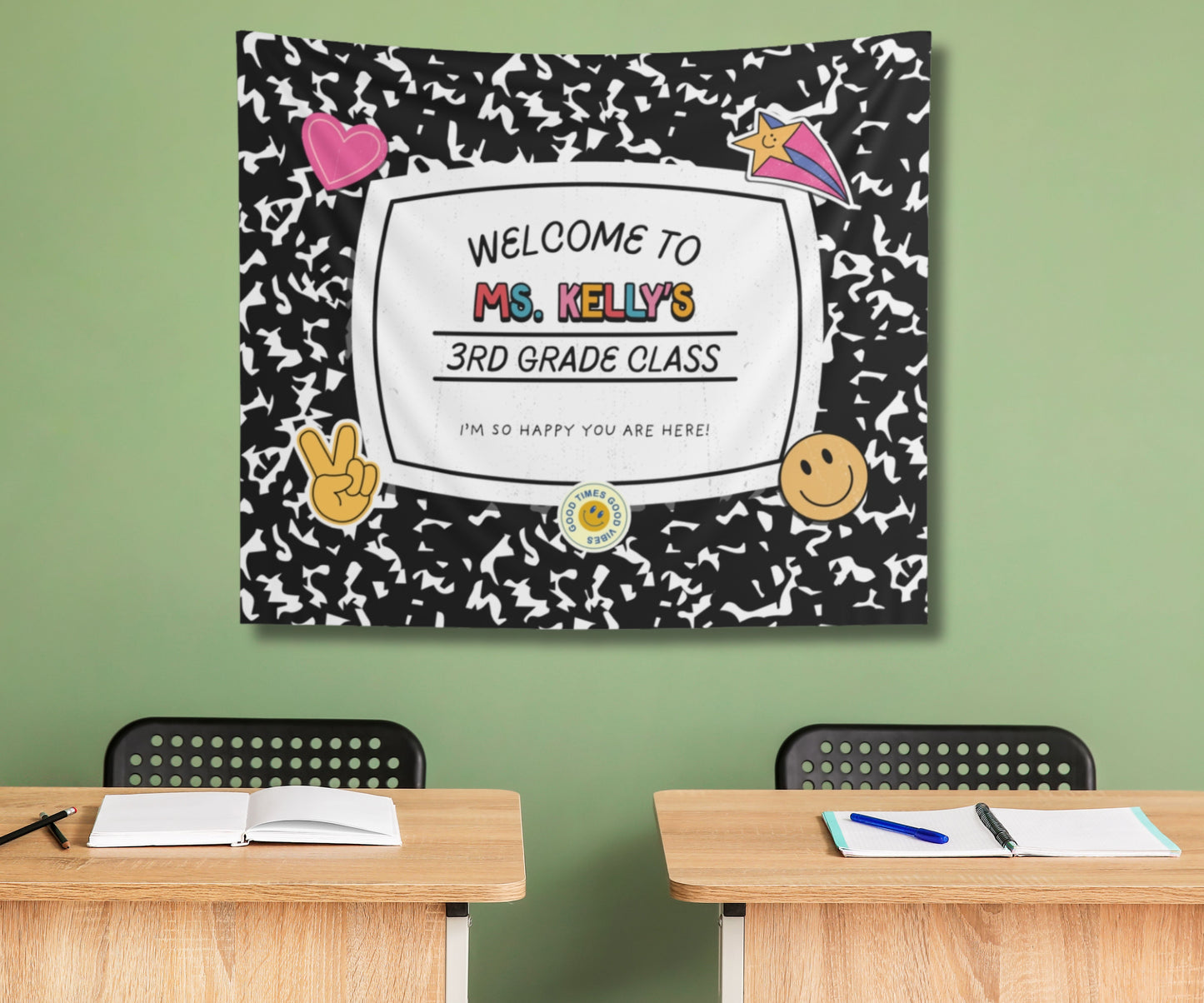 Personalized Classroom Tapestry, Retro Composition Book Teacher Name Sign, Welcome Banner Back to School Decor, Custom Grade Wall Art