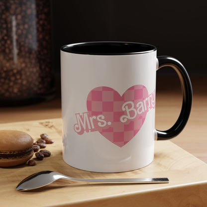 Personalized Checkered Heart Teacher Mug, 90s Pink Custom Gift for Educator School Staff, 11oz, 15oz