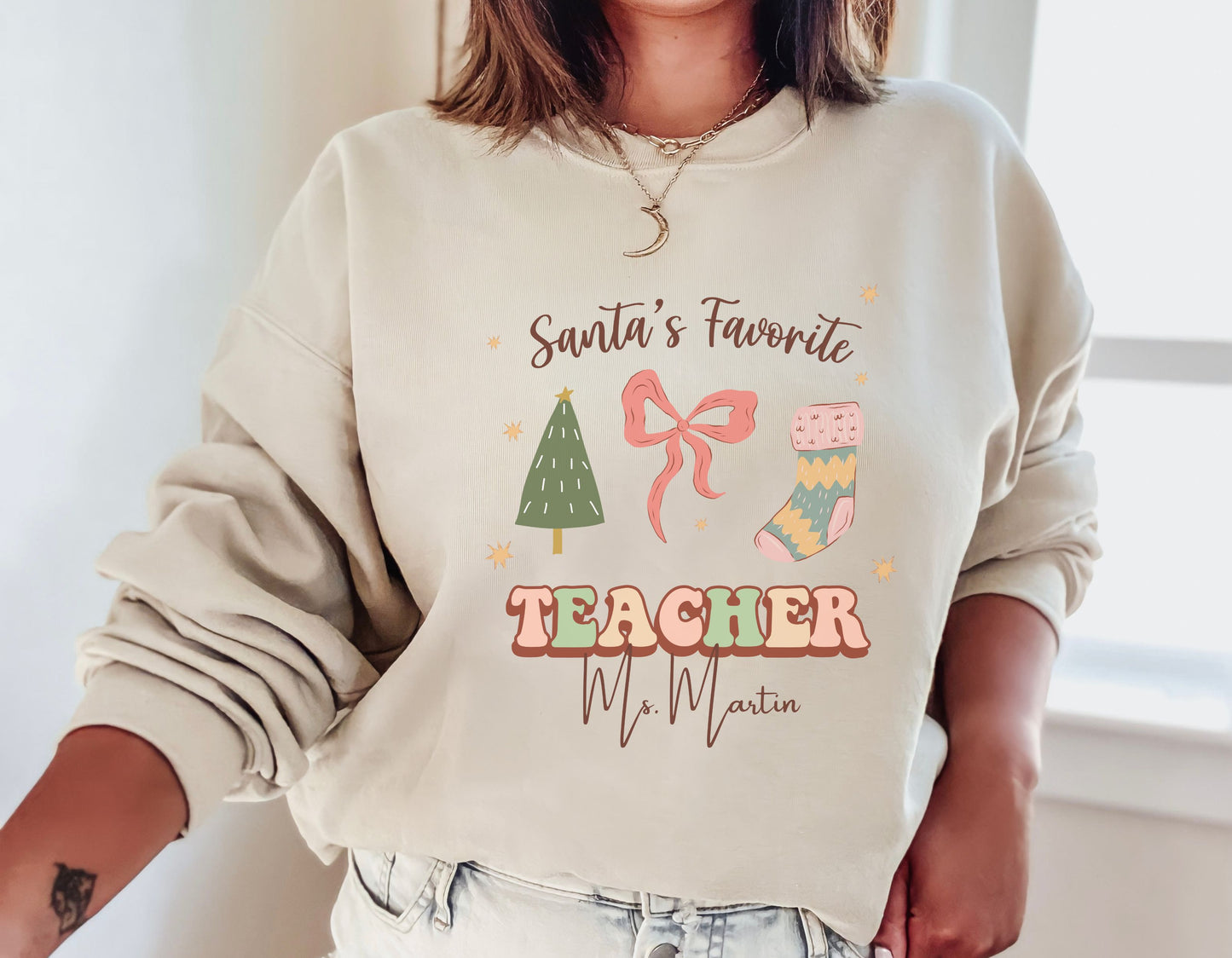 Personalized Teacher Holiday Sweatshirt, Custom Christmas Retro teacher shirt, cute teacher apparel with name, holiday gift for teacher