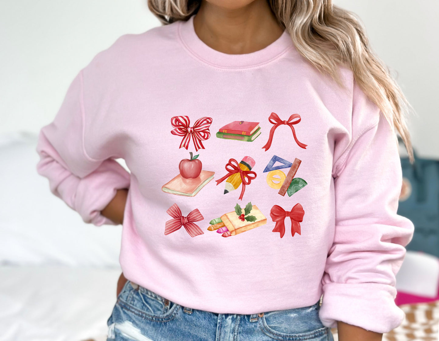 Christmas Bow Themed Teacher Sweatshirt, Coquette Teacher Crewneck, holiday apparel, gift for teacher