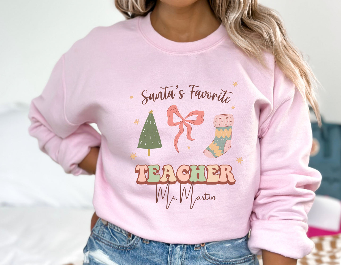 Personalized Teacher Holiday Sweatshirt, Custom Christmas Retro teacher shirt, cute teacher apparel with name, holiday gift for teacher