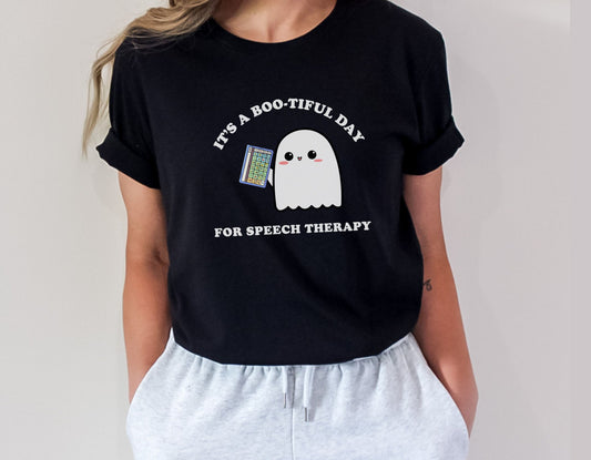 Halloween Speech Therapist AAC Shirt, Ghost SLP SLPA tee, Gift for speech therapist, Speech Therapy shirt, Unisex Bella Canvas