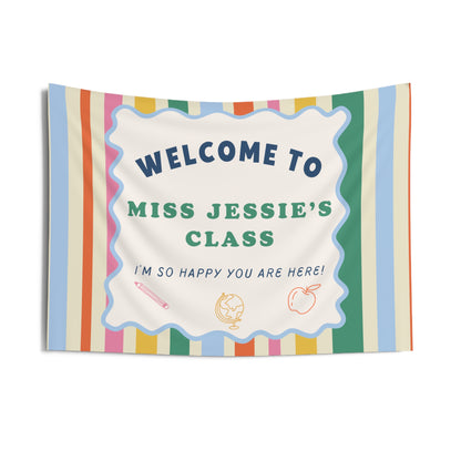 Personalized Teacher Tapestry, Custom Name Classroom Wall Hanging, Back to School Decor, Welcome Sign, Boho Rainbow Stripe Classroom Sign