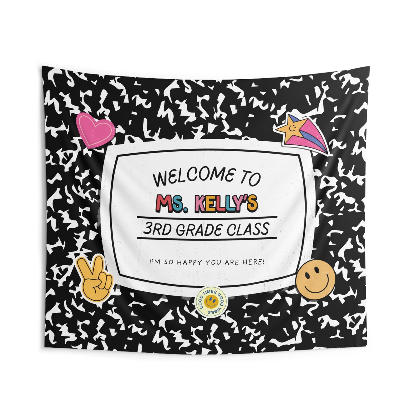 Personalized Classroom Tapestry, Retro Composition Book Teacher Name Sign, Welcome Banner Back to School Decor, Custom Grade Wall Art
