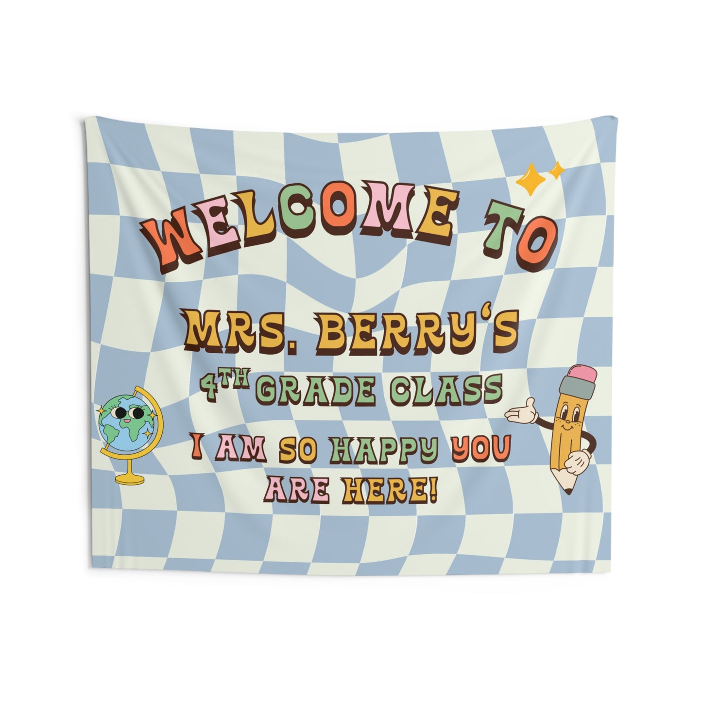 Personalized Retro Classroom Tapestry, Colorful Class Decor, Soft Color Wall Art for Class, Teacher Name Wall Art