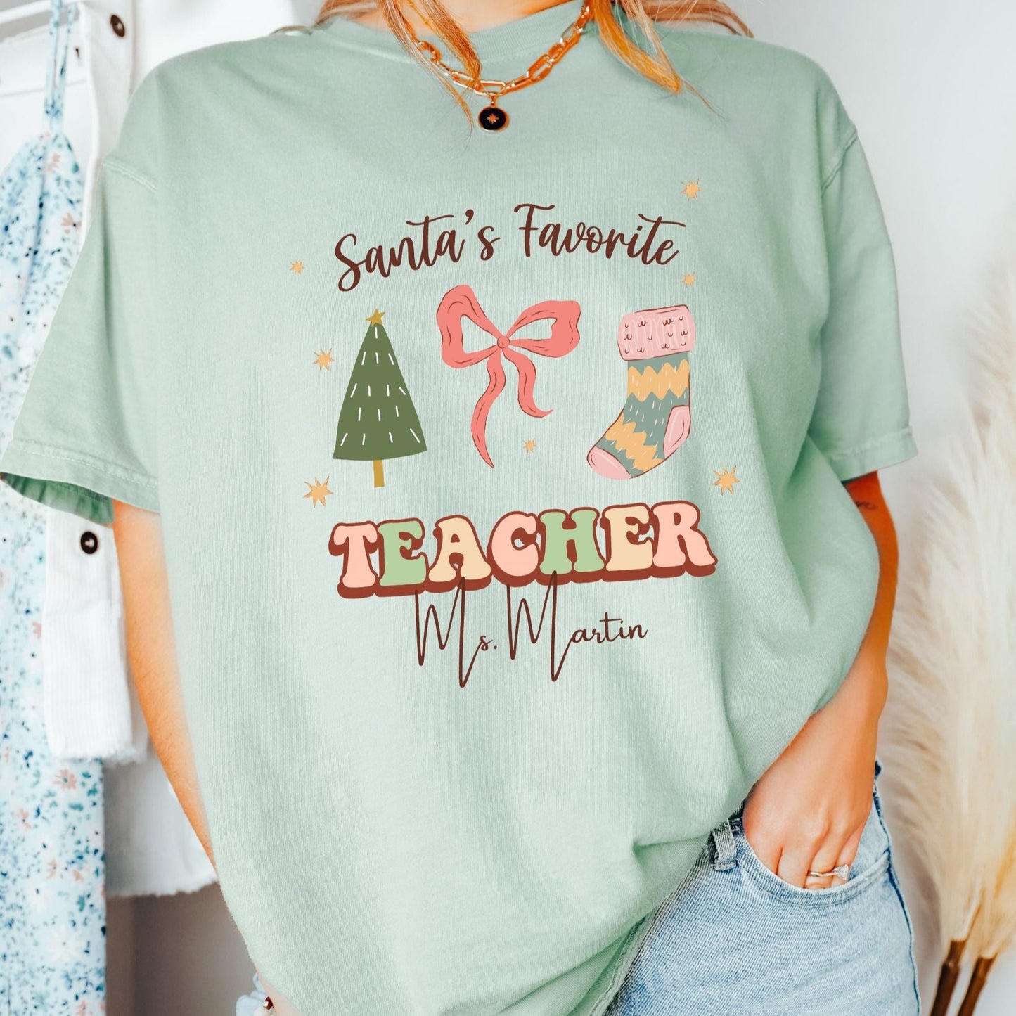 Personalized Teacher Holiday Shirt, Custom Christmas Retro teacher shirt, cute teacher apparel with name, holiday gift for teacher