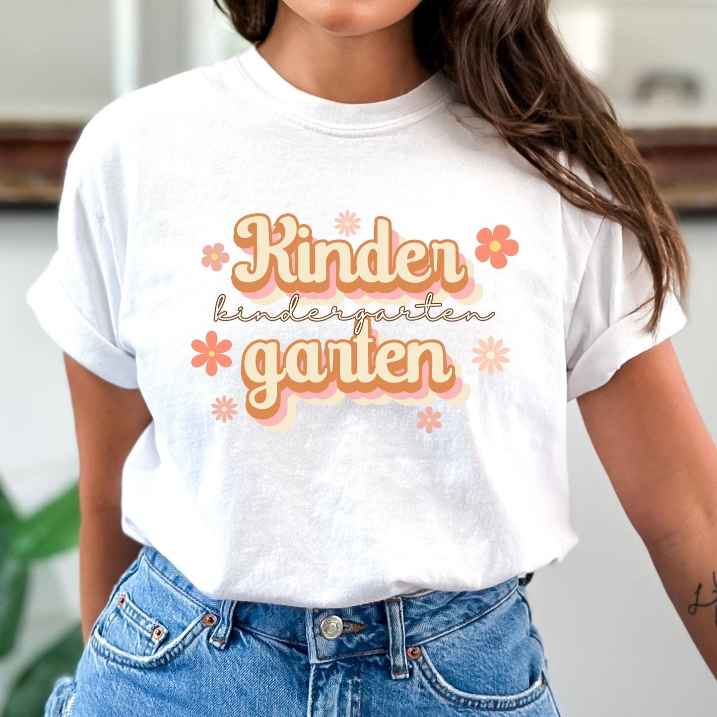 Comfort Colors Kindergarten Teacher Shirt, Flower Kinder shirt, Gift for Elementary School Teacher, Retro Teacher graphic tee