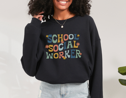 Retro School Social Worker Floral Sweatshirt, School LCSW Graphic Crewneck, Gift for School Social Worker, Gilden