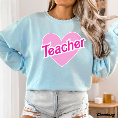 Retro Teacher Sweatshirt, Pink Heart Teacher Crewneck, Unisex Comfort Colors