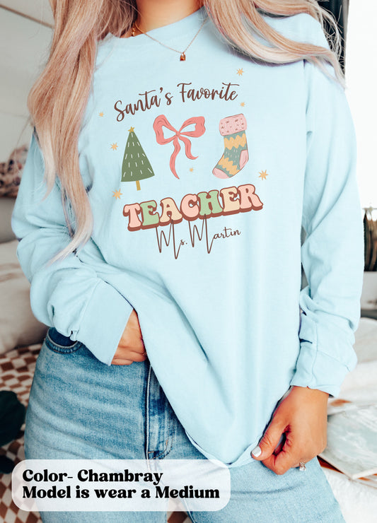 Personalized Teacher Long Sleeve Shirt, Custom Holiday Retro teacher shirt, cute teacher apparel with name, holiday gift for teacher