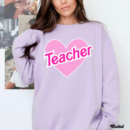 Retro Teacher Sweatshirt, Pink Heart Teacher Crewneck, Unisex Comfort Colors