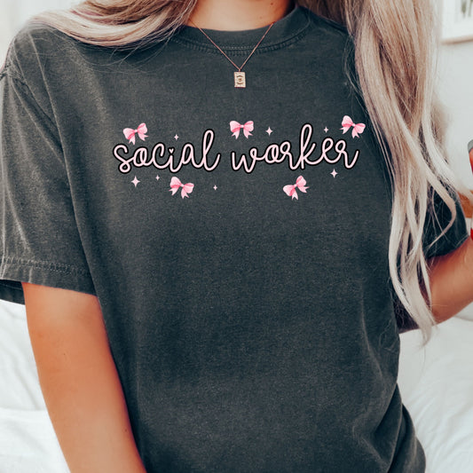 Comfort Colors Social Worker Pink Bow Tee, Coquette Social work graphic Tee, gift for social worker