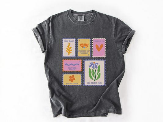 Student Affirmations Stamp T-shirt, Floral Teacher Graphic Tee, School Counselor Apparel, Gift for Teachers and Staff, Comfort Colors 1717