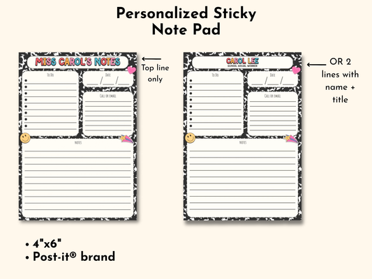 Personalized Sticky Note Pad, Retro Composition Style To-Do list, Organizational Gift for Teacher Therapist Admin, 4x6"