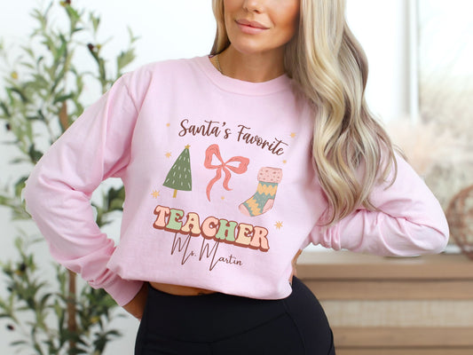 Personalized Teacher Long Sleeve Shirt, Custom Holiday Retro teacher shirt, cute teacher apparel with name, holiday gift for teacher