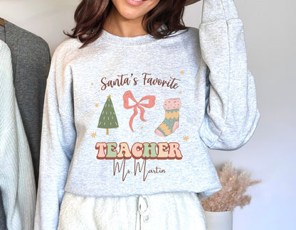 Personalized Teacher Holiday Sweatshirt, Custom Christmas Retro teacher shirt, cute teacher apparel with name, holiday gift for teacher