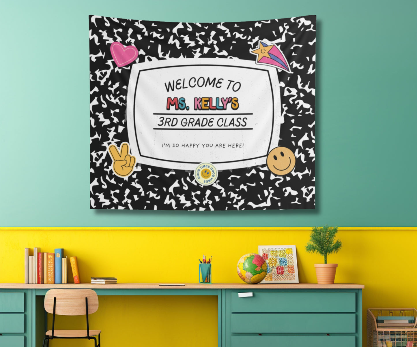 Personalized Classroom Tapestry, Retro Composition Book Teacher Name Sign, Welcome Banner Back to School Decor, Custom Grade Wall Art