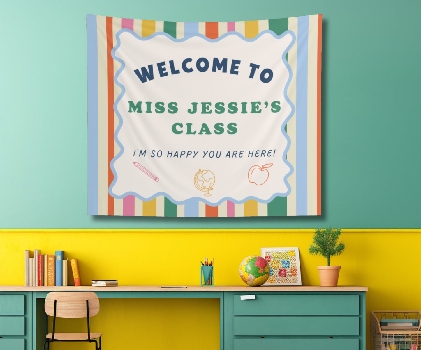 Personalized Teacher Tapestry, Custom Name Classroom Wall Hanging, Back to School Decor, Welcome Sign, Boho Rainbow Stripe Classroom Sign