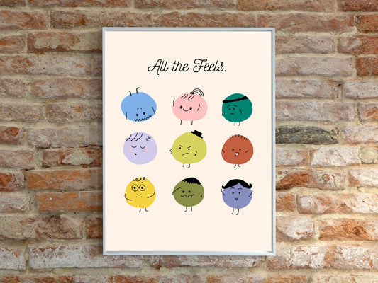 All The Feels Emotions Poster | Hand-drawn Classroom Feelings Chart | SEL Wall Art | School Counselor Decor | Therapist Office Matte Poster Print